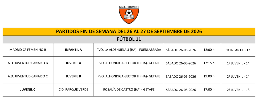 Horarios de los partidos del ADC Brunete del fin de semana 26-27 de septiembre de 2026